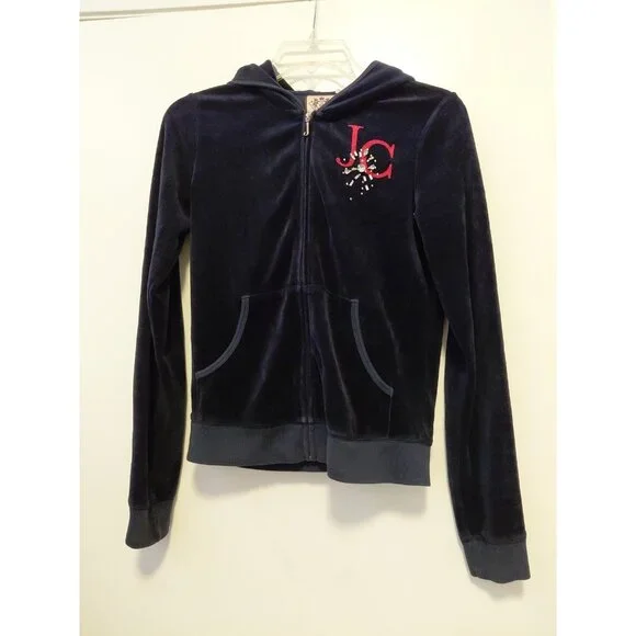 Vintage Y2K Juicy Couture Velour Hoodie Graphic Rhinestones Black Red Medium - Picture 2 of 12